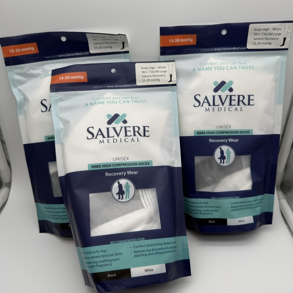 3 Pair SALVERE MEDICAL Unisex Compression Socks NEW 15-20 MM/Knee High L White
